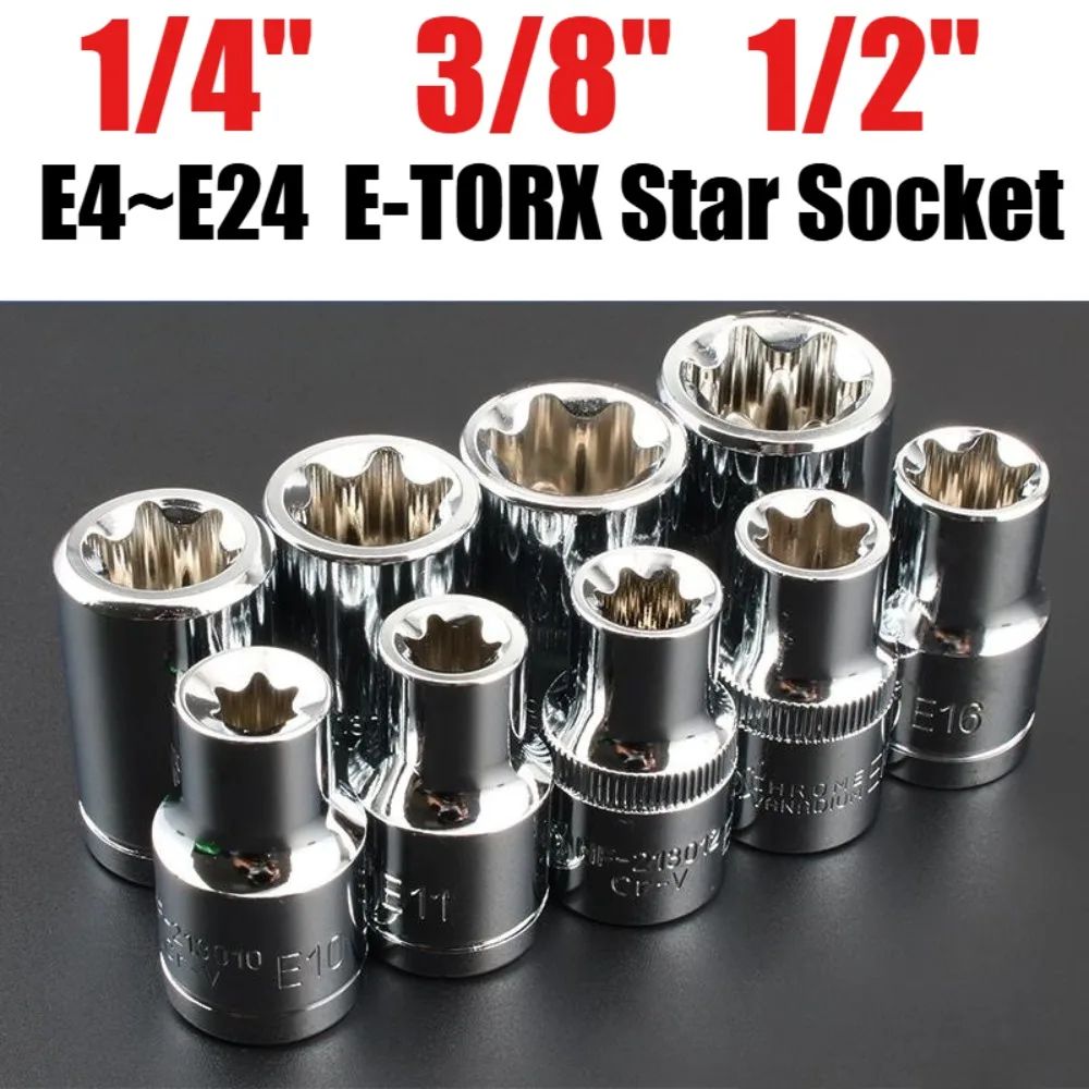 

1/4" Dr. 3/8" Dr. 1/2" Dr. Female E-TORX Star Socket Set, Female External Star Socket Set, E4 - E24 Torque Socket Set
