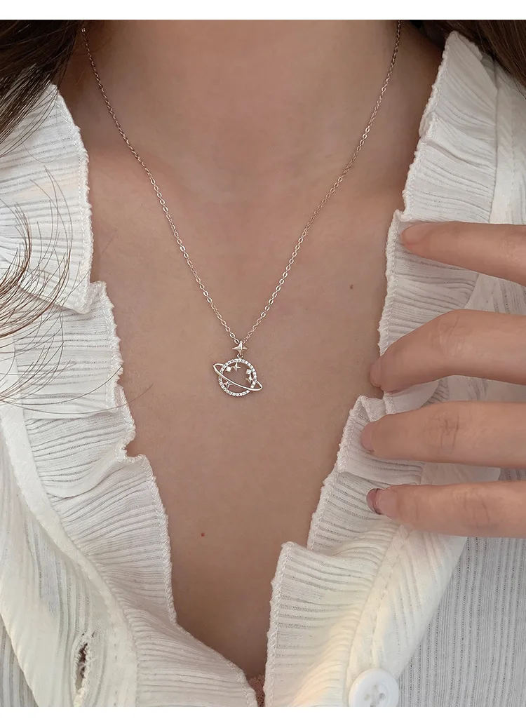 925 Sterling Silver Women Chain On The Neck Collarbone Necklace For Women Planet Star Zircon Pendant Chain Girl Jewelry Gift