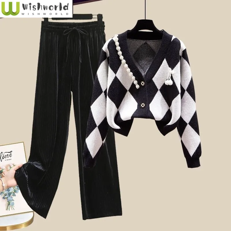 Korean Popular Black White Stitching V-neck Knitted Sweater Jacket Casual Wide Leg Pants Two-piece Elegant Women's Pants Set