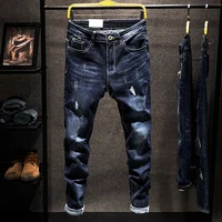 Pantalones vaqueros rectos elásticos americanos para hombre, pantalones vaqueros de algodón ajustados desgastados rasgados, moda de estilo coreano, ropa azul y negra para hombre