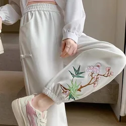 Chinese Style Solid Color Sporty Women's Spring Summer New Elasticized High-waisted Loose Button Pocket Embroidered Casual Pants