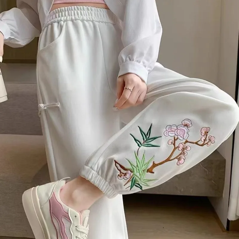 Chinese Style Solid Color Sporty Women's Spring Summer New Elasticized High-waisted Loose Button Pocket Embroidered Casual Pants