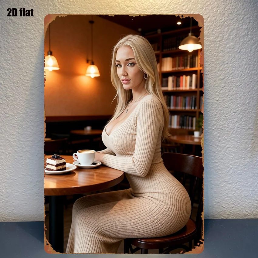 Letreiro 2D Plano Elegante para Café: Um Ambiente Encantador com Louras Adoráveis e Delícias Saborosas, Perfeito para Casa de Campo