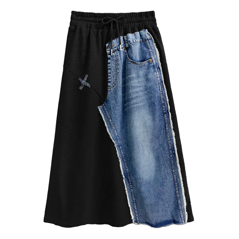 

Y2k Long Skirt Women Patchwork Denim Skirts Elastic Waist Drawstring Lace Up Pockets Vintage Washed 2025 Streetwear A Line