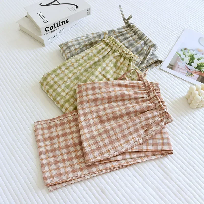 Bottoms Loose Home Pants Cotton Spring Sleep Men Waist Elastic Pure And Plaid For Casual Summer Women / Pajamas