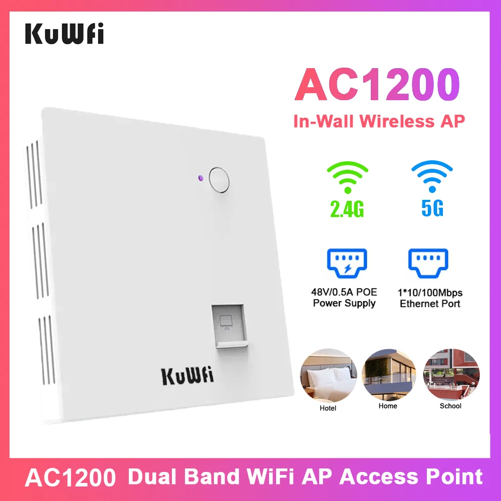 

KuWFi In-Wall WiFi Access Point AC1200 2.4GHz 5GHz WiFi Router Wireless AP Router 100Mbps Ethernet Port 48V POE Power for Home