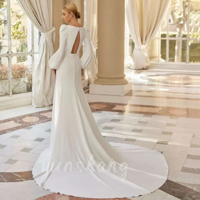 Yunshang Elegant Mermaid Wedding Dresses Women Open Back Pleat Long Sleeve V-Neck Bridal Gown Train Vestido De Novia Customized