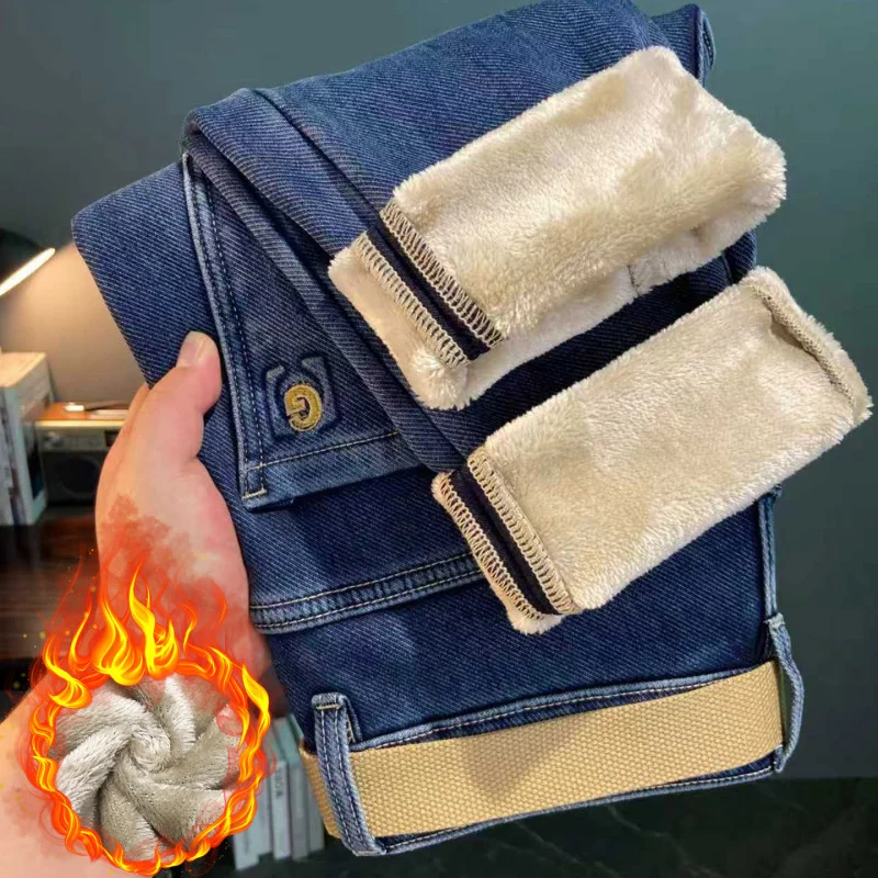 hick denim jeans with added fleece for men, fashionable high-end stretch denim, slim fit casual trend, winter warm pants