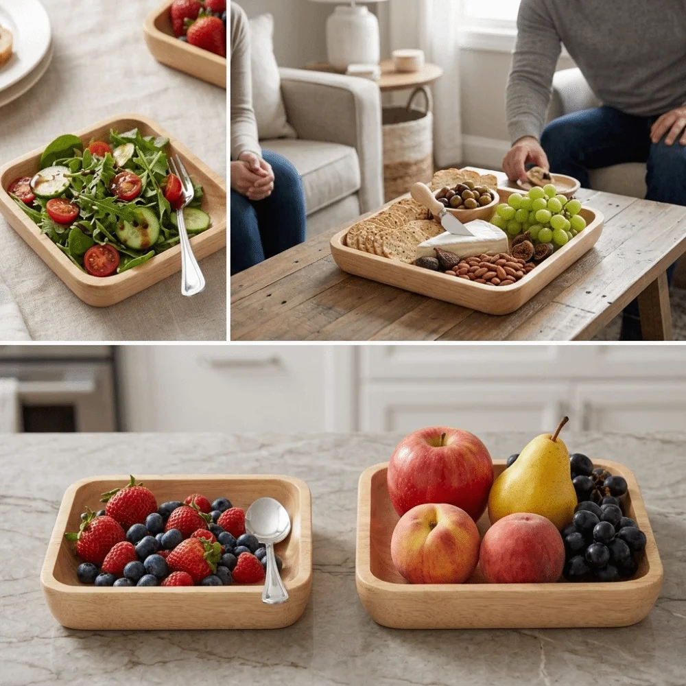 

Rubber Wood Wood Plate Original Wood Color Square Fruit Tray Smooth Light Luxury Texture Ins Style Tray Home Living Room