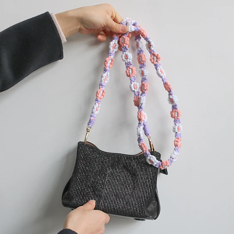 130cm Fashion Cotton Cell Phone Strap Colourful Braided Flower Shoulder Strap Handmade Weaving Bag Chain Crossbody Bag Strap