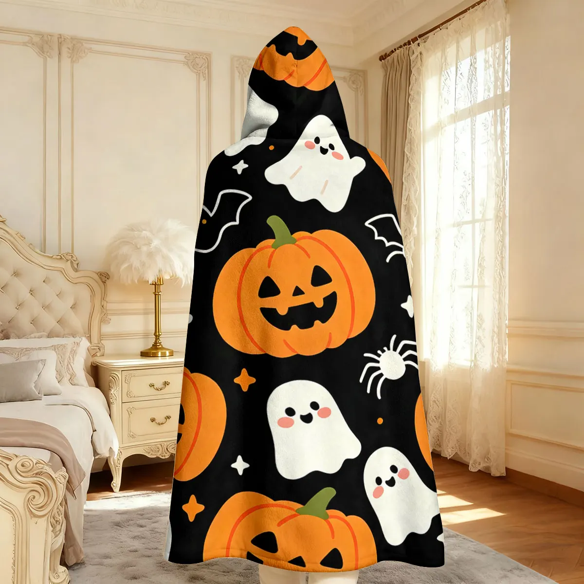 1pc Halloween pumpkin ghost bat spider print hooded blanket flannel hoodie cape blanket, soft and casual  blanket - view 4