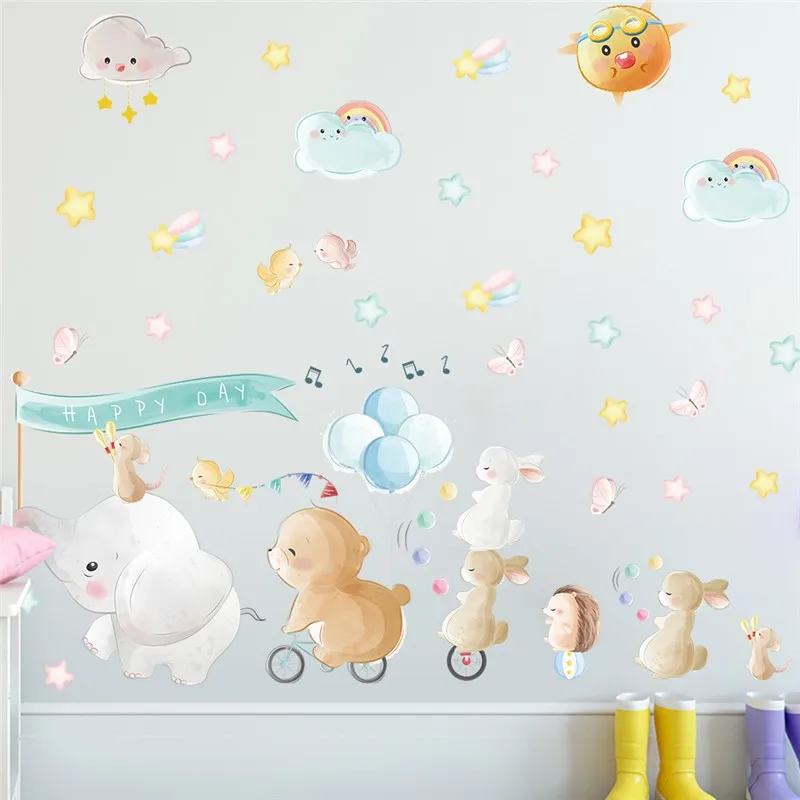 Cartoon Animals Circus Wall Sticker For Kids Bedroom Decoration Safari Elephant Bird Mural Art Diy Home Decal Baby's Poster