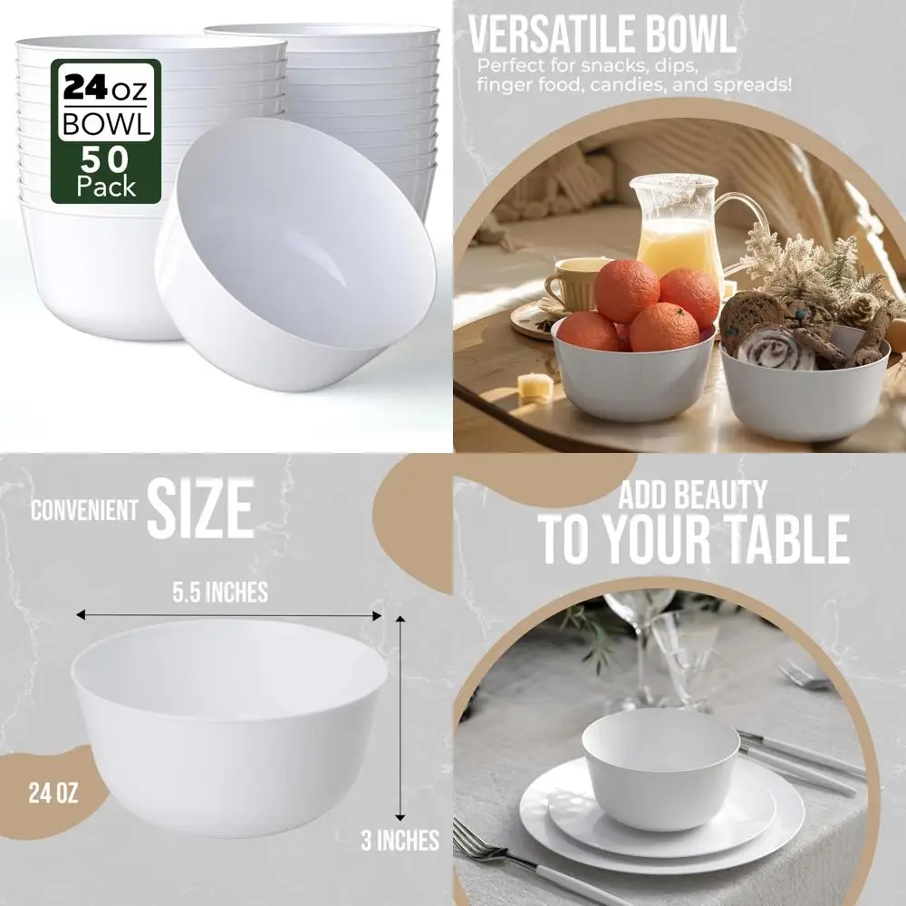 

Набор из 50 белых пластиковых сервировочных мисок на 24 унции, идеально подходят для мороженого, салата, конфет, одноразовых необычных мисок для вечеринок и мероприятий