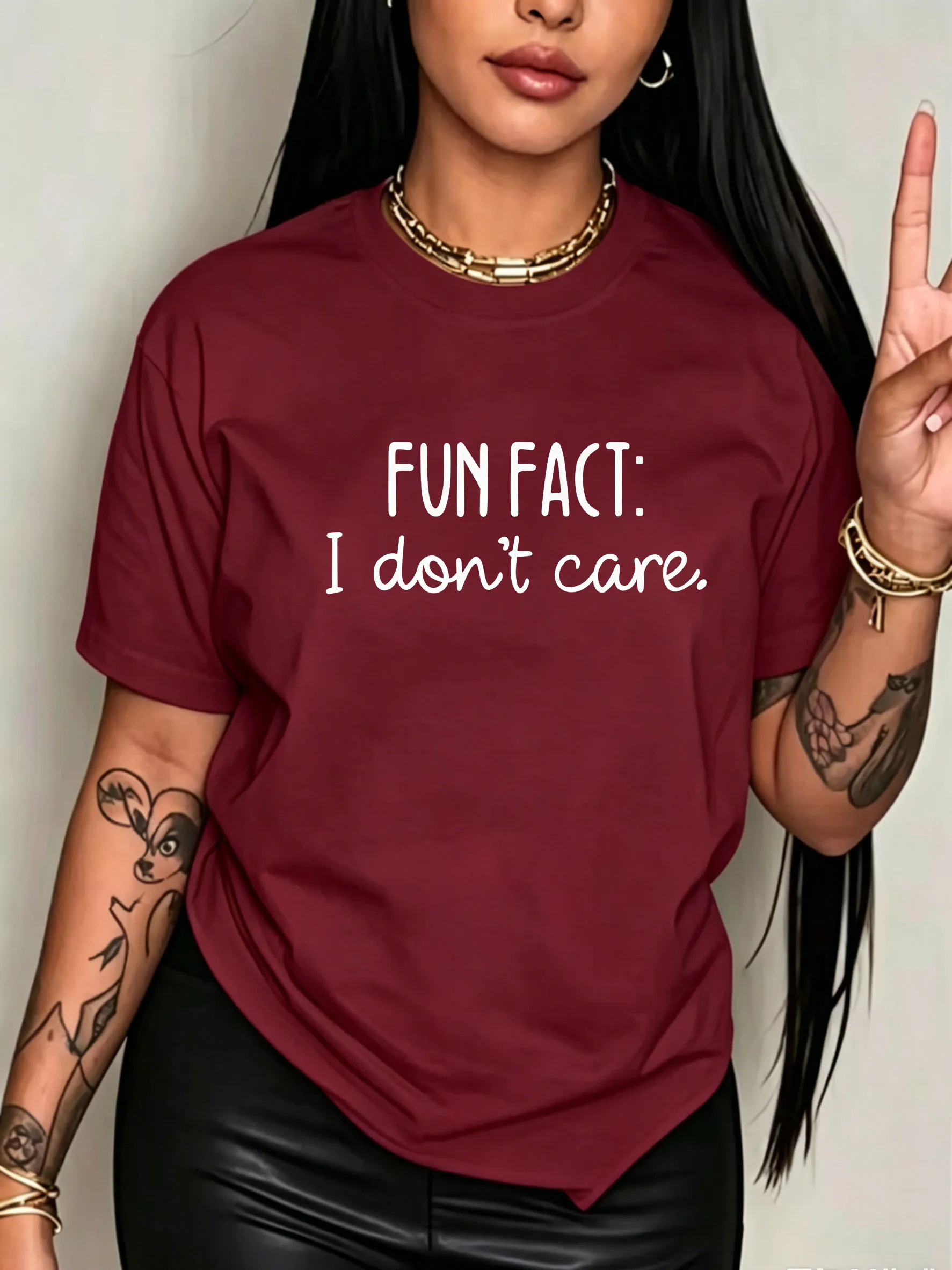 Women 'FUN FACT: I Don't Care' Slogan Print T-Shirt Funny Attitude Quote Crew Neck Short Sleeve Daily Casual Tee Breathable Tops