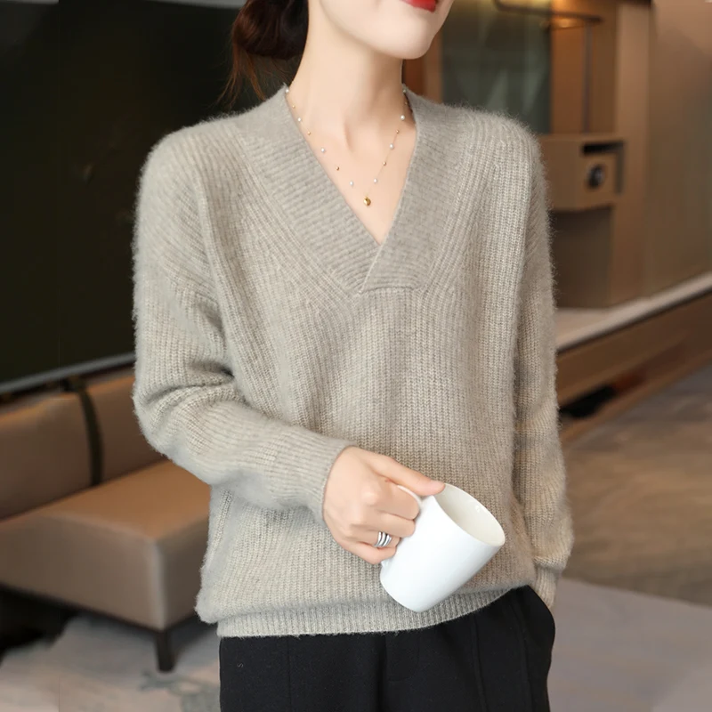 100% Wool and Cashmere Sweater 2024 Autumn/Winter New V-neck Knitted Pullover Solid Color Long Sleeve Soft and Comfortable Top