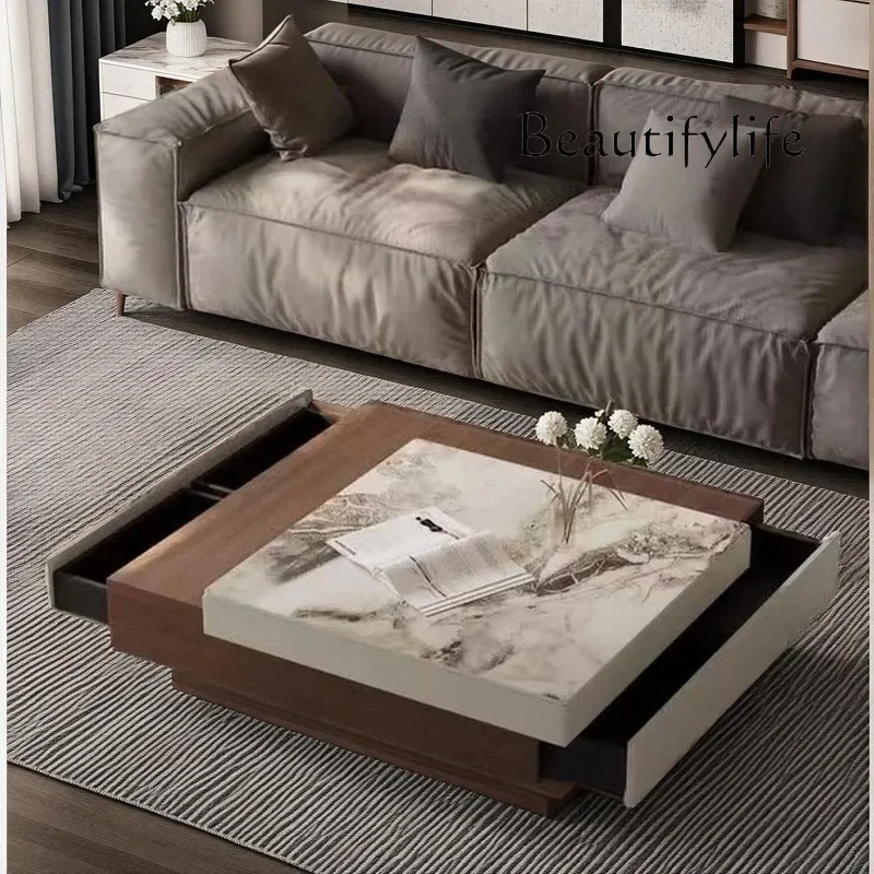 

BJ Italian Minimalist Square Rotating Rock Slab Coffee Table Modern Simple High-end Living Room Household Small Apartment Storag