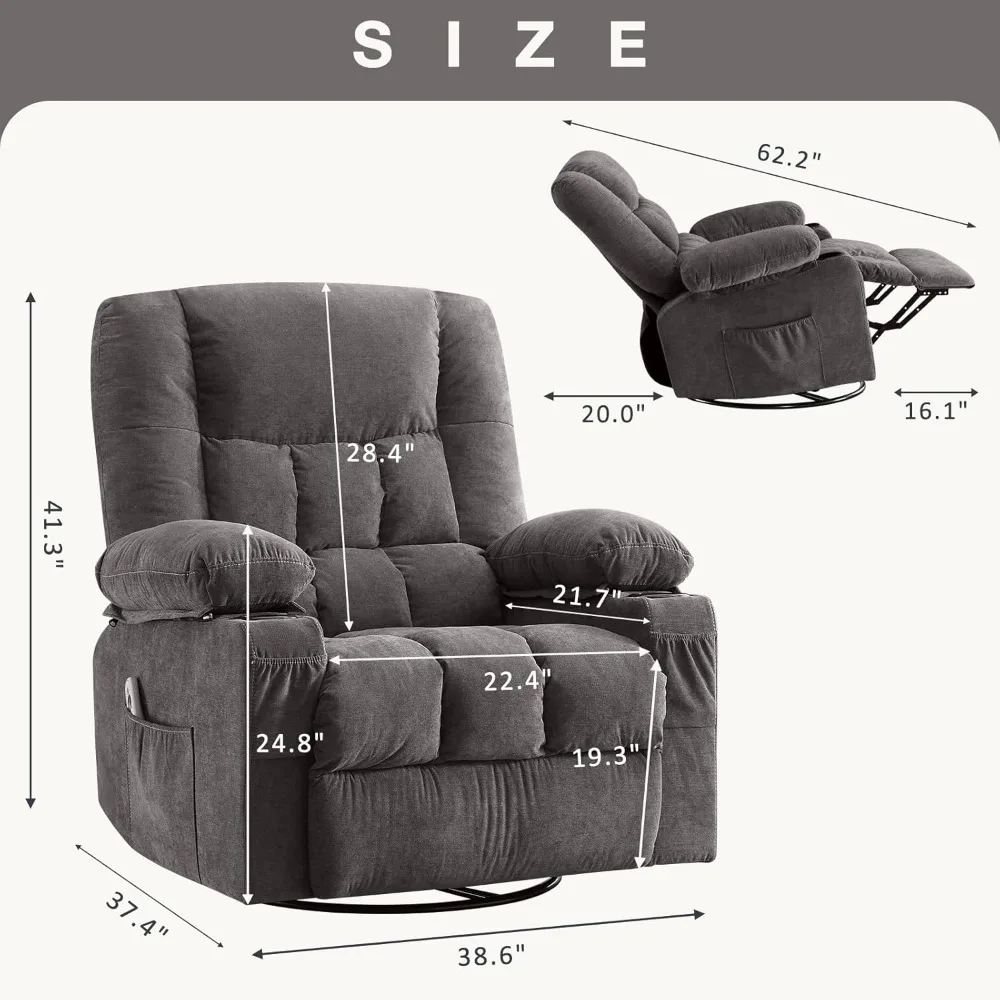 Lounge Chair with Vibration Massage and Heating Function, Swing Function and Side Pockets, 2 Cup Holders, USB Charging Port