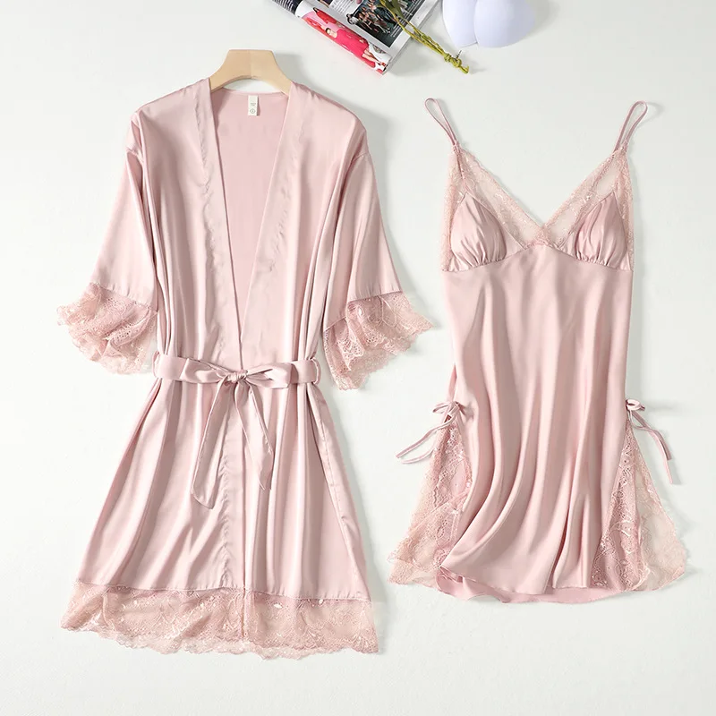 

Female Summer Rayon Kimono Robe Gown Sets Sexy Lace Trim Bathrobe Nightgown Intimate Lingerie Sleepshirts Nightwear Home Clothes