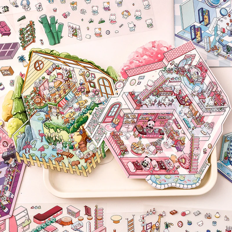 2Set Cute Cartoon DIY Stacking Scene Stickers 3D Stereo Kawaii Stickers DIY Landscaping Decoration Stickers Children Gift