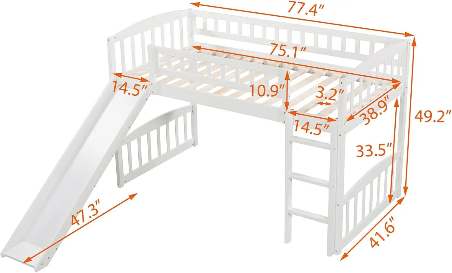 Tempat tidur loteng kembar dengan perosotan dan tangga, tempat tidur loteng rendah untuk anak-anak, tempat tidur kayu loteng, untuk anak laki-laki perempuan, putih