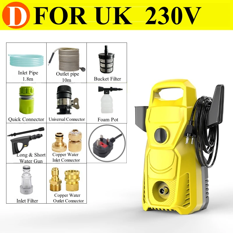 Para o reino unido 230v padrão inglês lavagem de carro elétrico jardim pistola água spray limpador energia lavadora mangueira carretel canhão espuma incluído