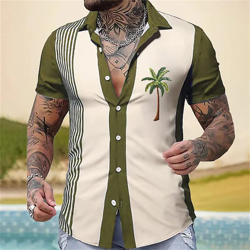 Summer Hawaiian Shirt Striped Shirt Coconut Tree Loose Casual Shirt Men\'s Beach Lapel Single Buckle Short-sleeved Fashion Clothe