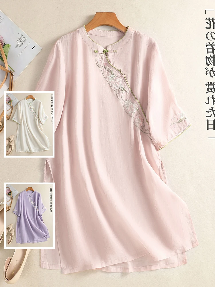 

Женский летний топ из хлопка и льна с вышивкой Ele, большой размер, с воротником-стойкой на боковых пуговицах mid Sve Zen Sle