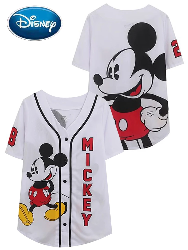 

Disney Front Back Mickey Mouse Letter Cartoon Print Sports Baseball T-Shirt Fashion Women Single-breasted Short Sleeve Tee Tops