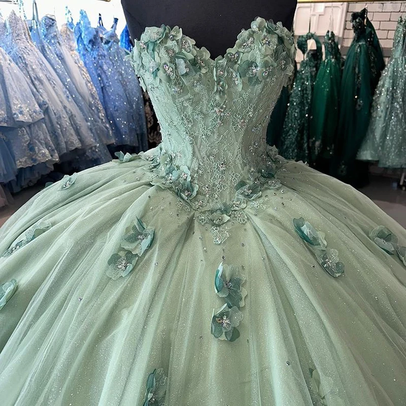 EVLAST-Vestido De princesa verde menta para quinceañera, Vestido De baile para 15 Años, 3dflower, dulce, largo, 16, TQD017