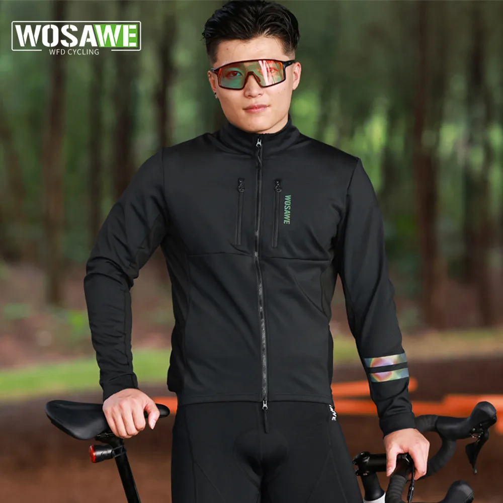 WOSAWE Spring Winter Cycling Jacket Men Fleece Long Sleeve Bike Jacket Black Thermal Fabric MTB Bicycle Jersey