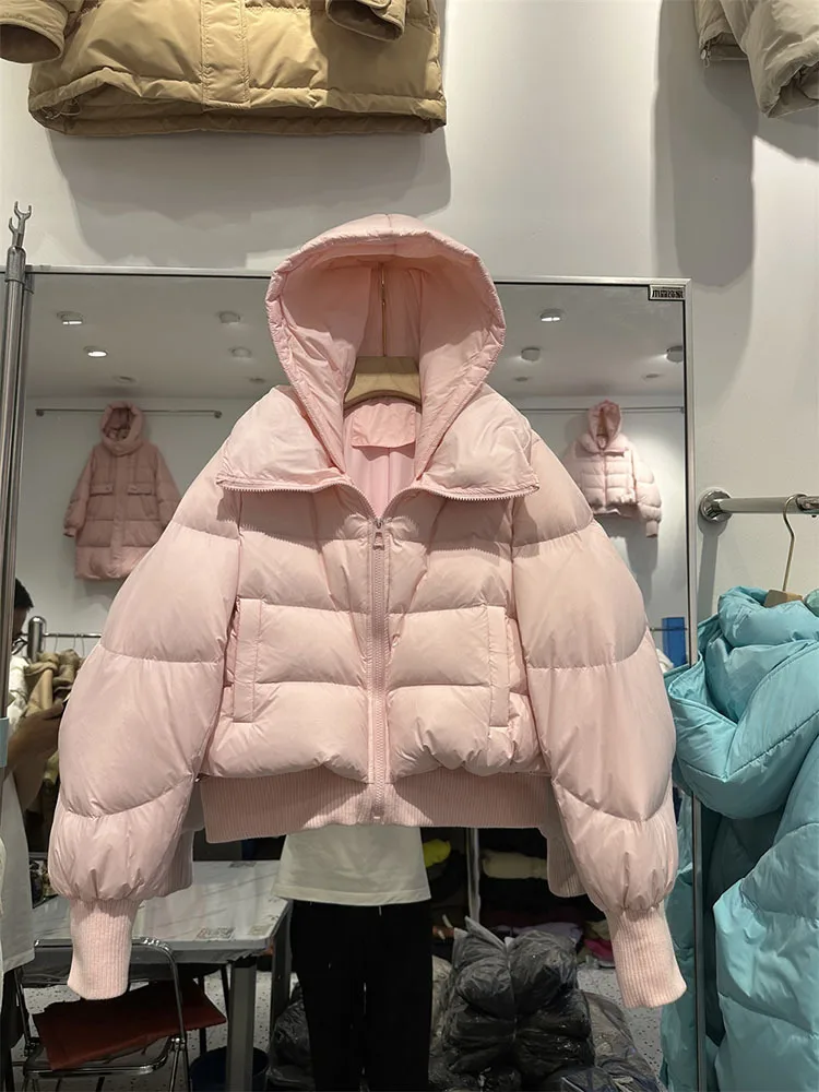 Jaqueta casual de puffer quente feminina, casaco 90% branco com capuz grande, curto, parka impermeável, feminina, inverno, novo, 2023