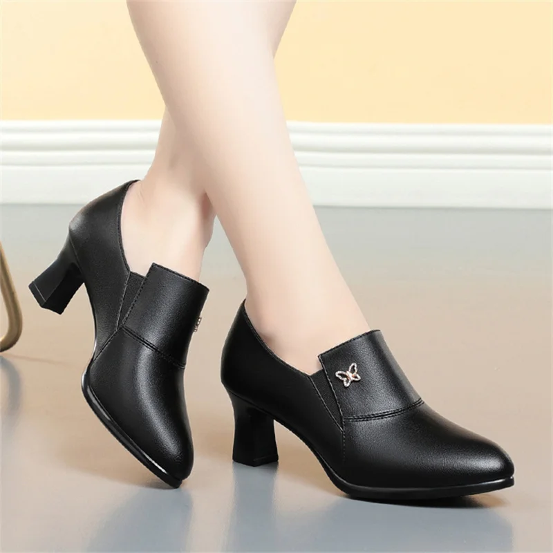 Elegant Deep Mouth Dress Shoes Women 2024 New Soft Leather Spring Women Pumps Platform Fashion Office Shoes  For Office Model