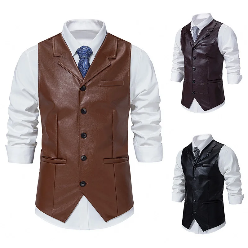 New  Men's Retro Lapel Single-breasted Locomotive Vest, Leather Vest, Sleeveless Jacket Men Clothing