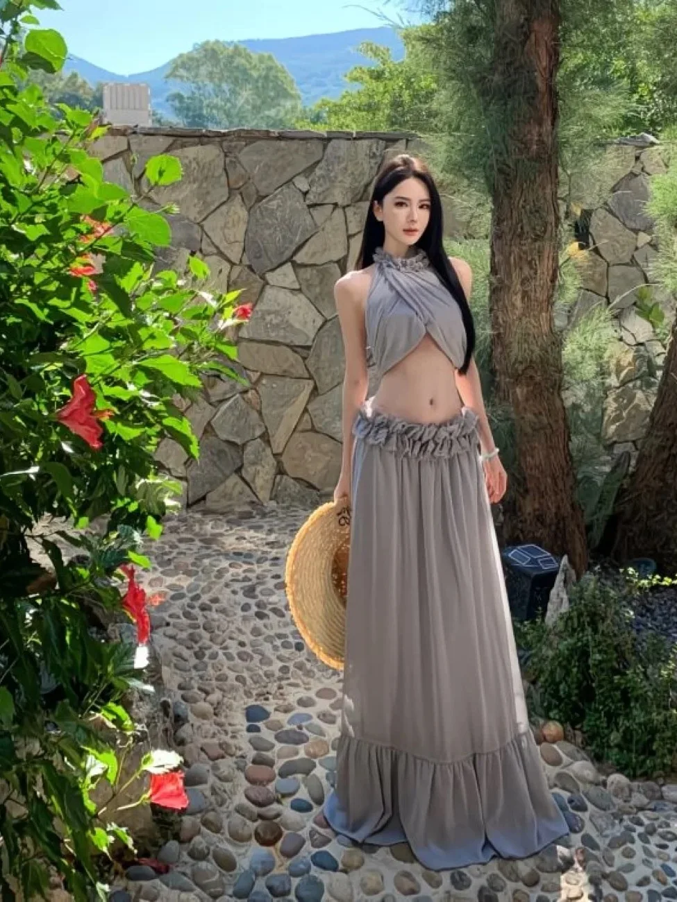 

White Sexy Backless Summer Long Dress Set for Women Beach Vacation Travel Pure Desire Style High Waist Flared Skirt Two Piece
