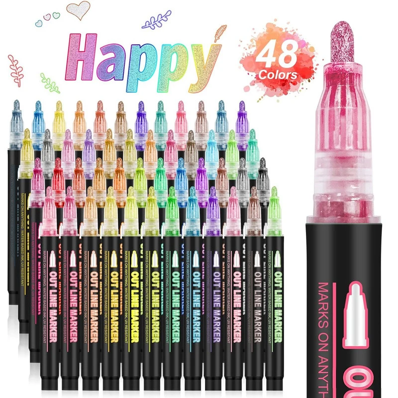 1Set Shimmer Markers Doodle Outline Pens Glitter Gel Set Cute Arts Crafts Art Supplies Hand Account Graffiti Pen Gifts