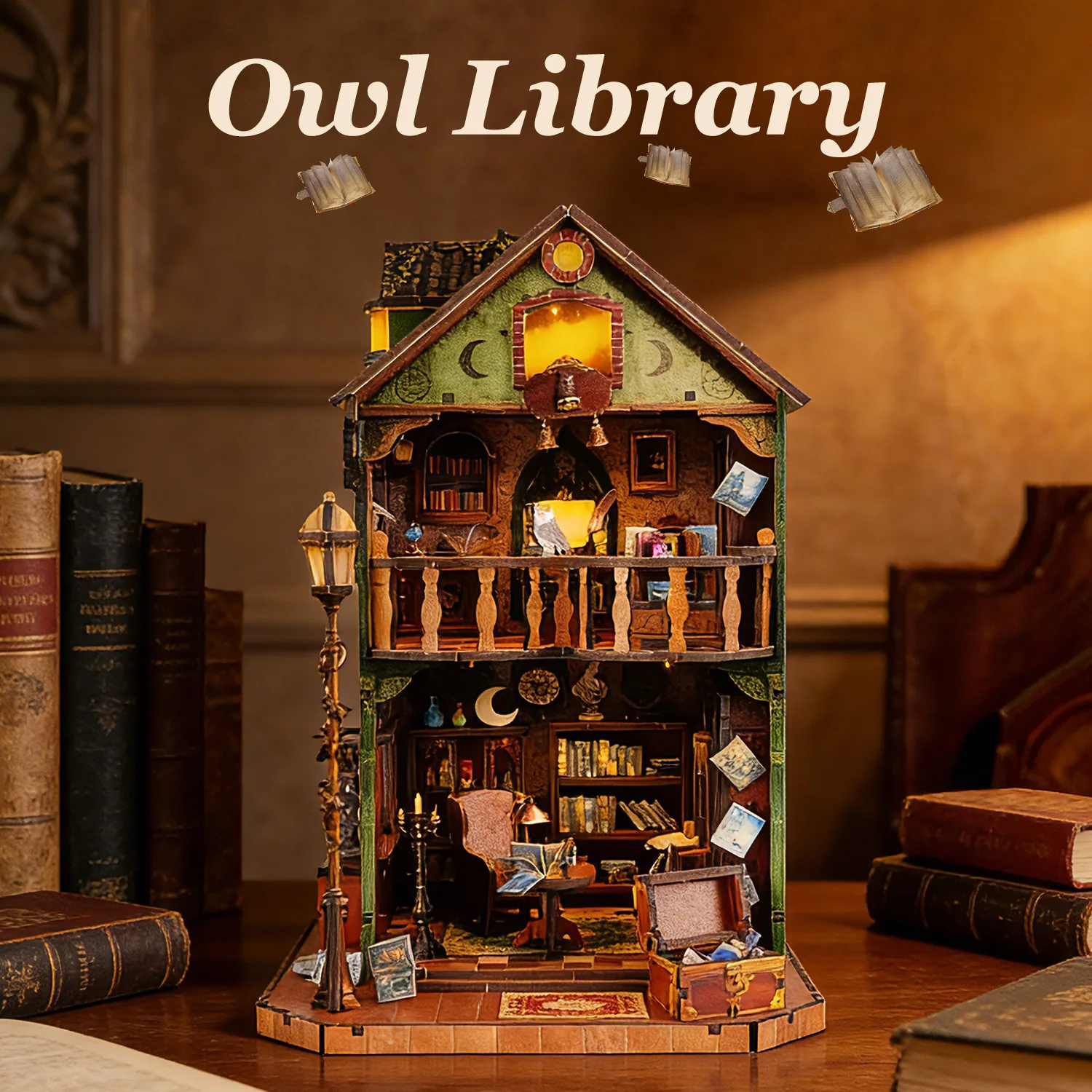 DIY Wooden Owl Library Casa Miniature Model Kits With Furniture LED Lights Magic Dollhouse for Friends Birthday Gifts