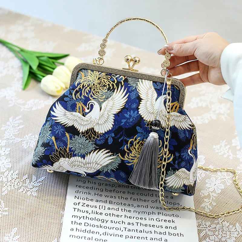 

Women Antique Style Vintage Fringe Bag Small Shell Bags Chain Shoulder Crossbody Bag Chic Crane Printed Handbags Purses