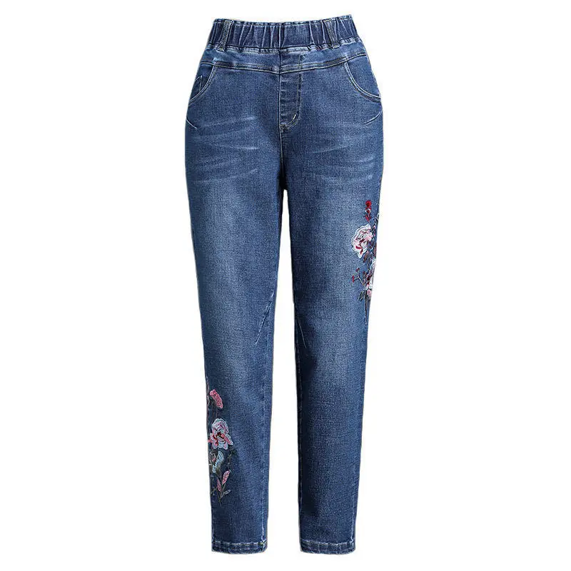 Women Jeans Vintage Floral Embroidery Blue Femme Harem Pants Korean Fashion Spring Summer Streetwear High Waist Denim Trousers