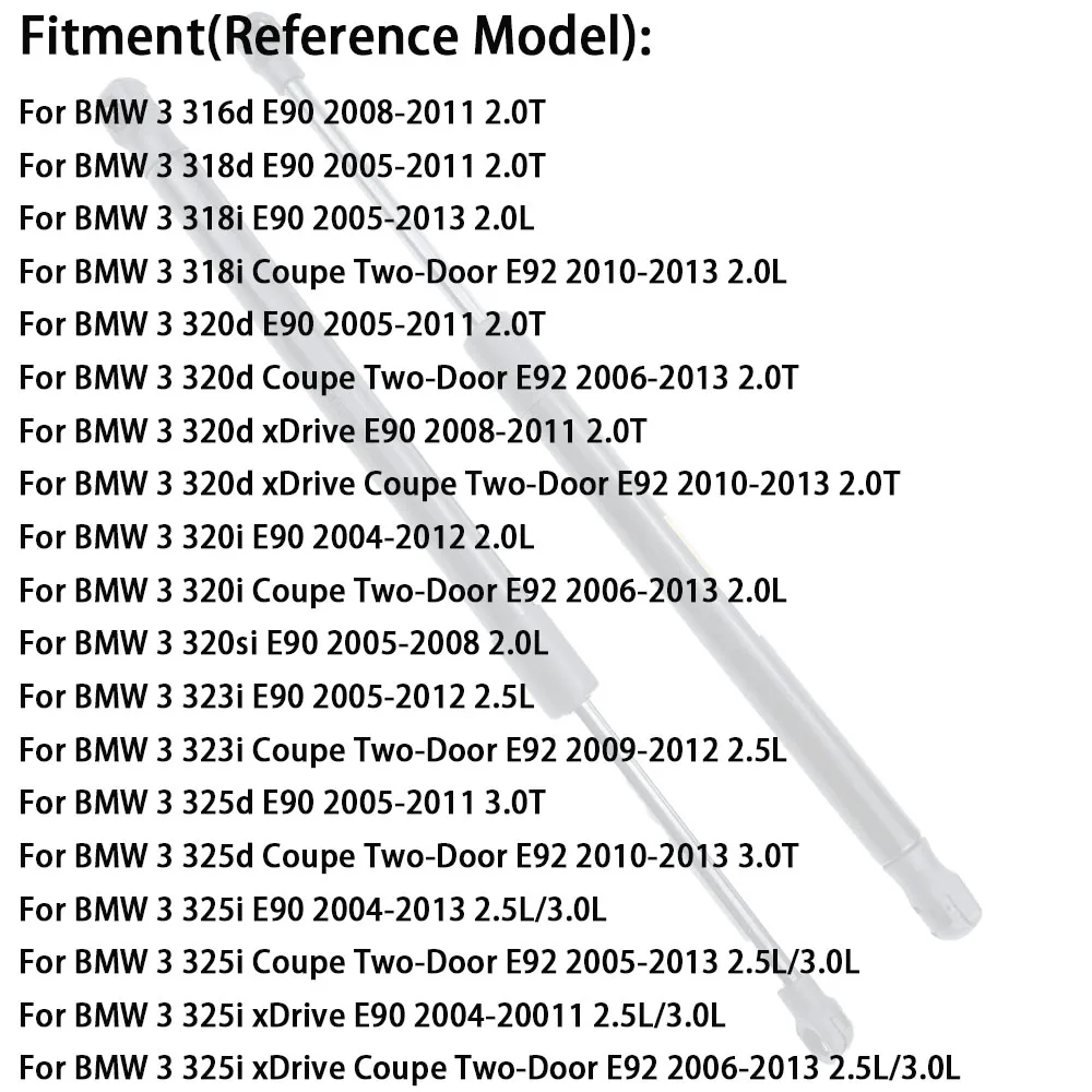 BMW 3 E90 E92 2004-2012용 리어 트렁크 가스 스프링 스트럿 2개 51247060623 51247250308 테일게이트 리프트 부트 바 액세서리