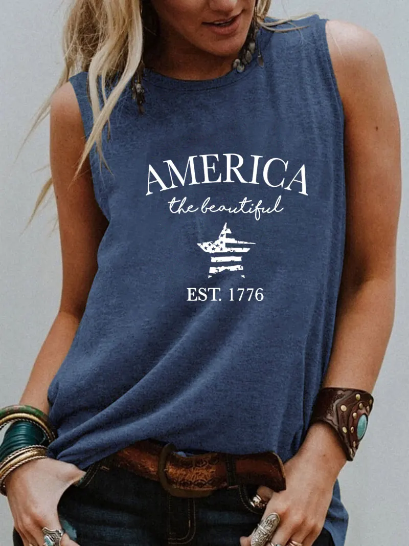 

America The Beautiful New Arrival 4th of July Shirt Women Sleeveless Tshirt Funny Summer Casual Sleeveless Top July 4th Tee