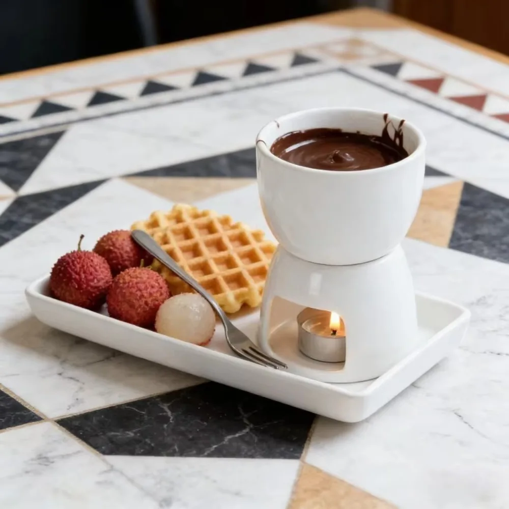 Ceramic Chocolate Cheese Fondue Cup Glazed Surface with Fork Chocolate Melting Mug Mini Removable Tea Light Candle Butter Warmer