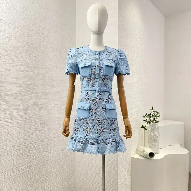

Elegant High Quality Blue Short Sleeve Dimond Buttons Belt Lace Hollow Embroidery Mini Dress for Women