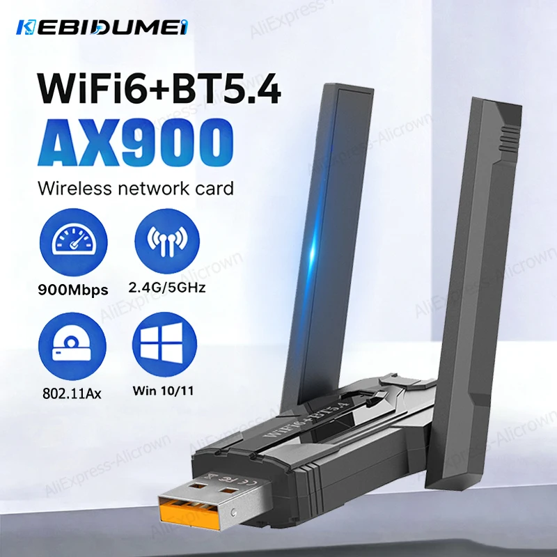  KEBIDUMEI USB-адаптер Wi-Fi 900 Мбит/с, приемник Bluetooth 5.4, Wi-Fi-донгл 2,4G/5ГГц, 802.11AC, мощная антенна, сетевая карта для ПК