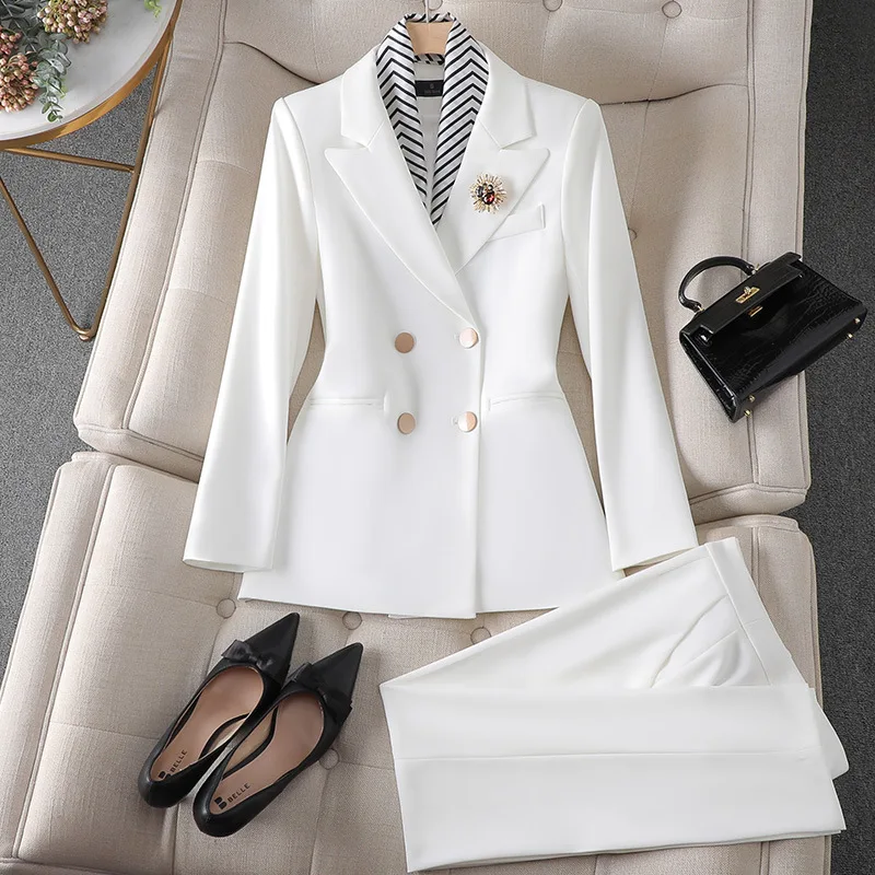 Women\'s Suits Red Blazer+Pants 2 Piece For Office Lady Formal Business Pantsuit White Elegant Outfits For Lady