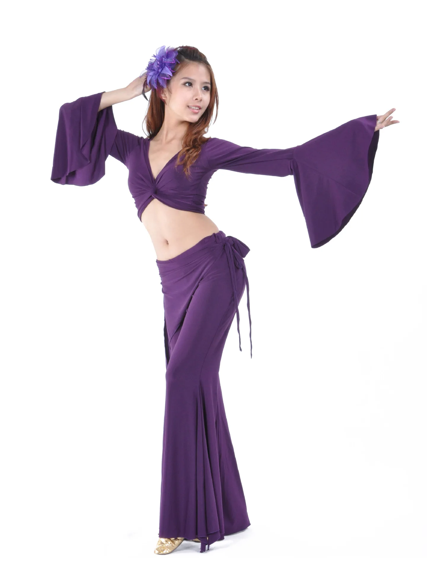 Belly Dance Suit Crystal Cotton Bell Sleeves Crystal Cotton Waist Skirt Tribal Pants Stage Performance Dance Accessories