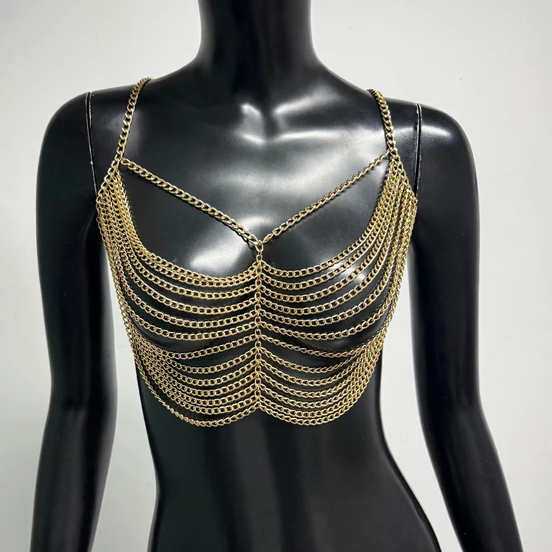 Damen Mehrlagige Ketten-BH-Körperkette Sexy Metall-Riemen Bustier Y2K Top Handgefertigt Nachtclub Party Festival Roupas+Feminina 2026 – Detail 9