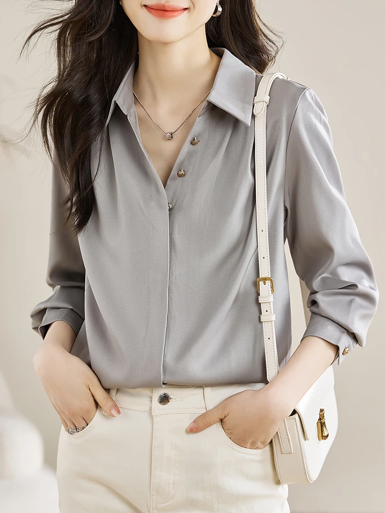 Fashion Elegant Chiffon Shirts Solid Color Ladies Grey Shirts Causal Women\'s Blouses Spring Long Sleeve Shirts Tops Blusas Mujer