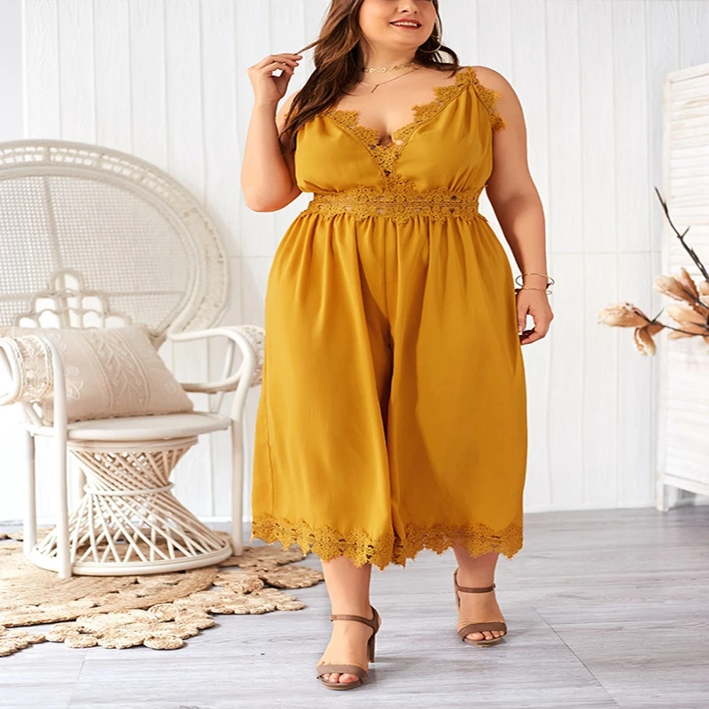 Letni nowy plus size seksowny kombinezon z szelkami modny damski kombinezon w jednolitym kolorze seksowny koronkowy kombinezon z dekoltem w szpic i zamkiem błyskawicznym.