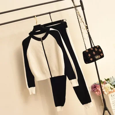 

Casual Two-Piece Sweater Cardigan Jacket Women Autumn New Womens Knitted Suit Fashion Baseball Sports Zip Top And Pants Set