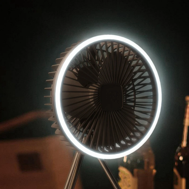 Ventilatore da campeggio 10000Mah Circolatore d'aria portatile da tavolo ricaricabile Ventilatore elettrico da soffitto wireless con treppiede di alimentazione Bianco durevole